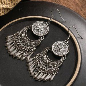 Bohemian Southwestern Mandala Tassel Fringe Aged Silver Hook Drop Earrings NEW